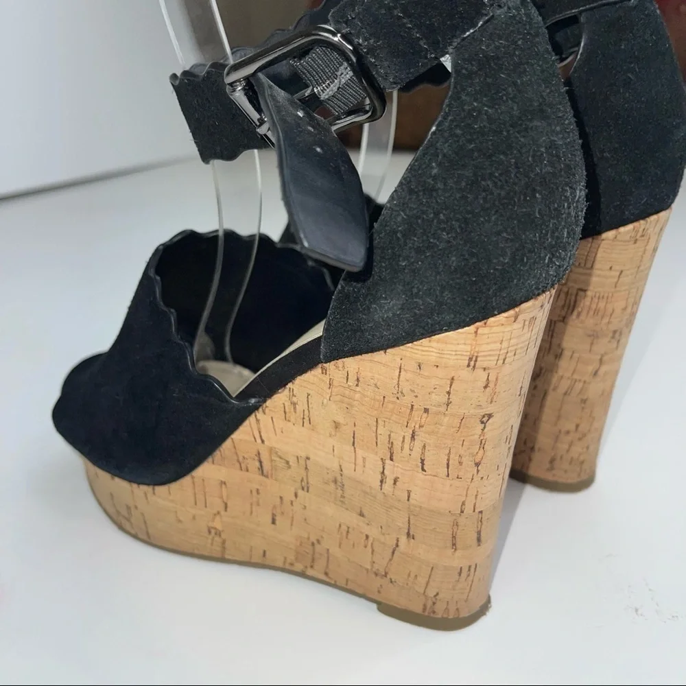 Marc Fisher Black Leather Hayo Wedge Platform Sandal 6